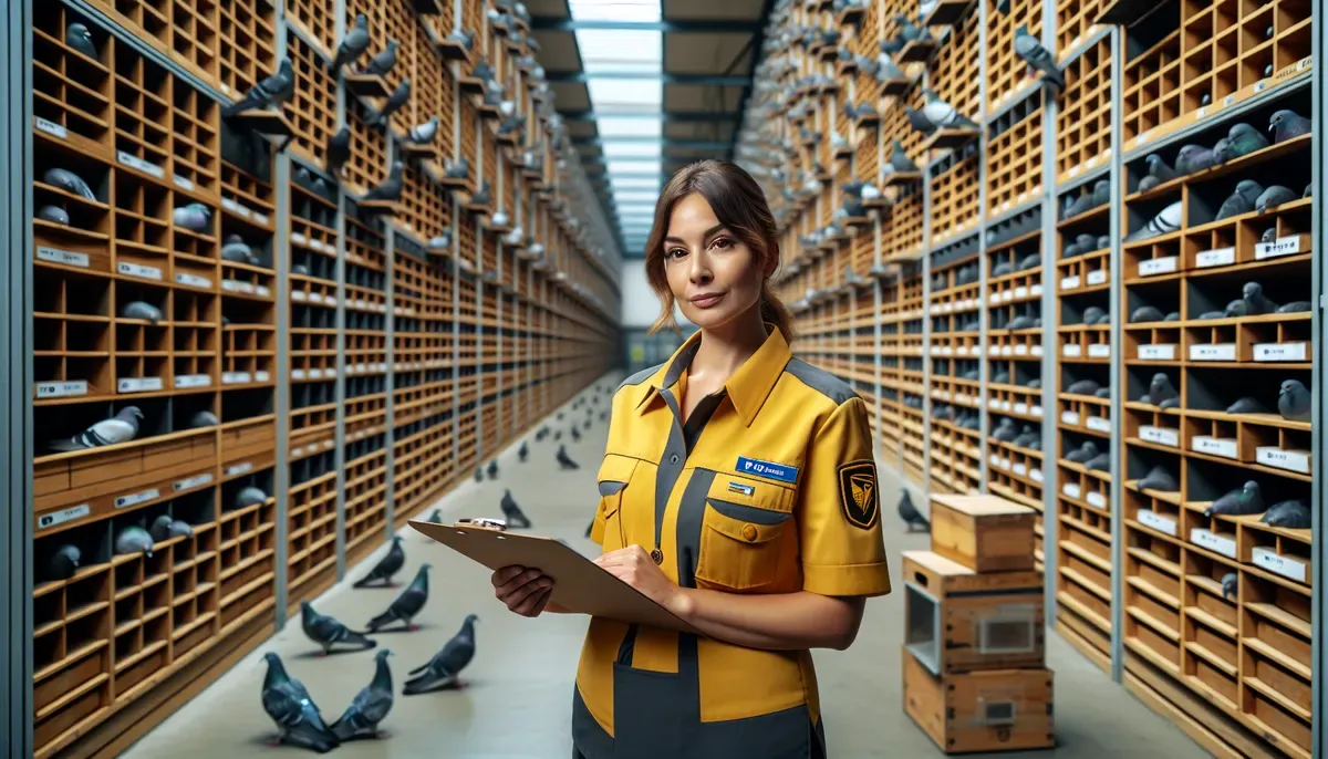 Brieftauben-Dispatcher bei der Arbeit vor einer Wand mit Tauben-Nistf&auml;chern in der Poststelle