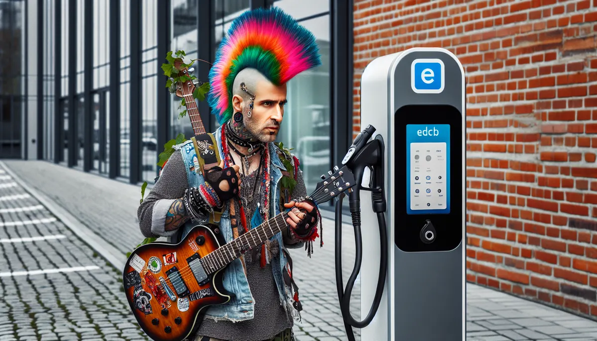 Punkmusiker mit E-Gitarre neben einer E-Ladesäule