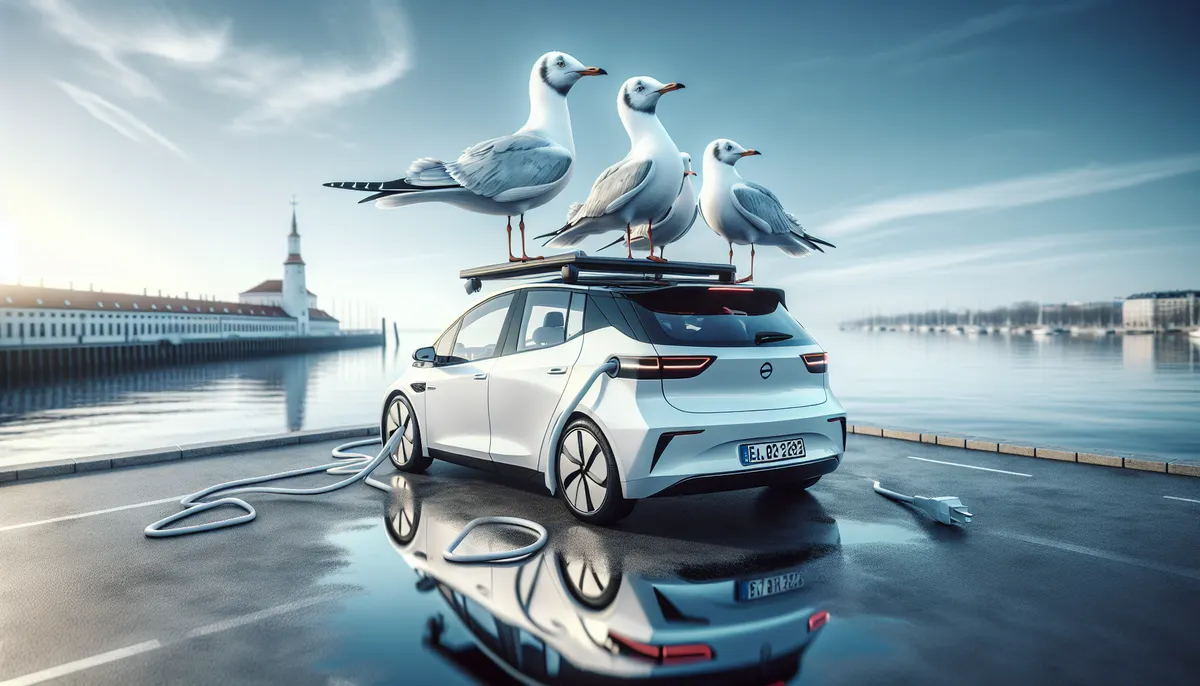 Möwe inspiziert Elektroauto