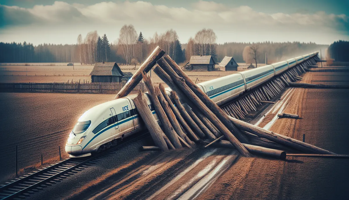 Ein ICE, der auf einen Holzbalken trifft.