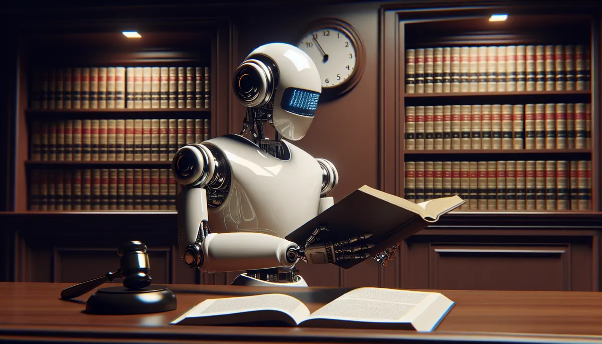 Ein Roboter, der Gesetzestexte im Gerichtssaal liest