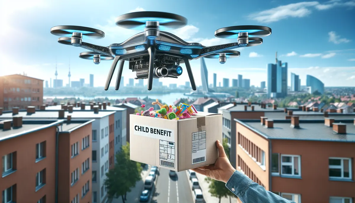 Drohne, die ein Paket mit Geld und Spielzeug liefert