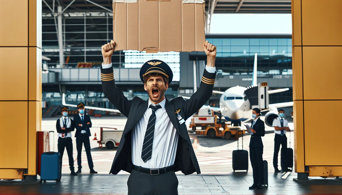 Ein Lufthansa-Pilot streikt mit einem Pappschild.