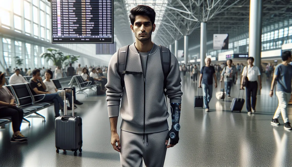 Mann in Smart-Jogginghose am Flughafen
