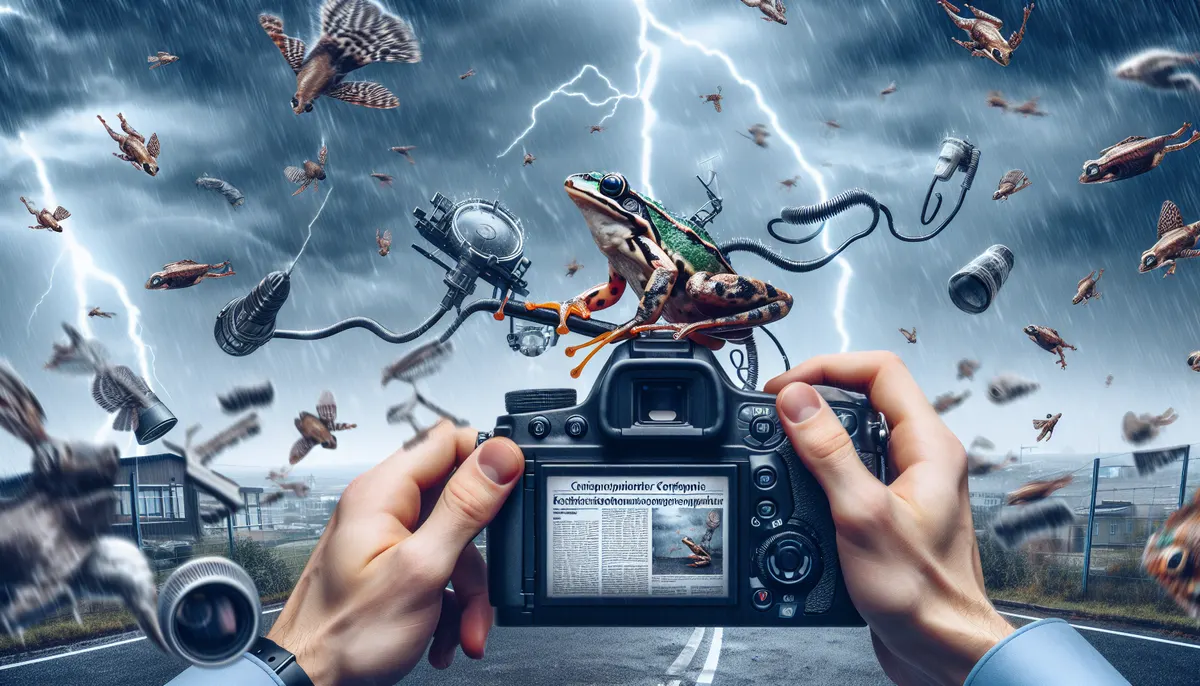 Ein Smart-Wetterfrosch in Aktion mit chaotischem Wetter im Hintergrund