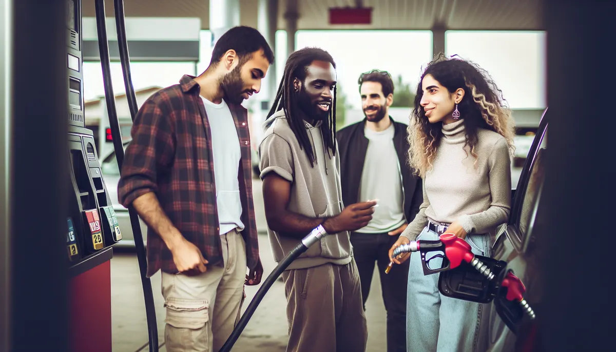 Menschen beim Smalltalk an einer Tankstelle