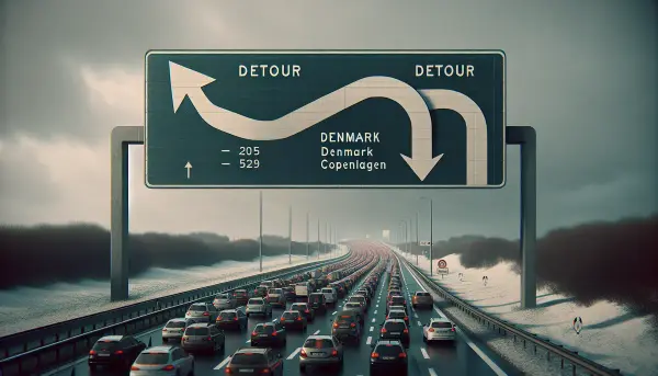 Stau vor dem Elbtunnel Hamburg mit einem riesigen Umleitungsschild Richtung Kopenhagen D&auml;nemark