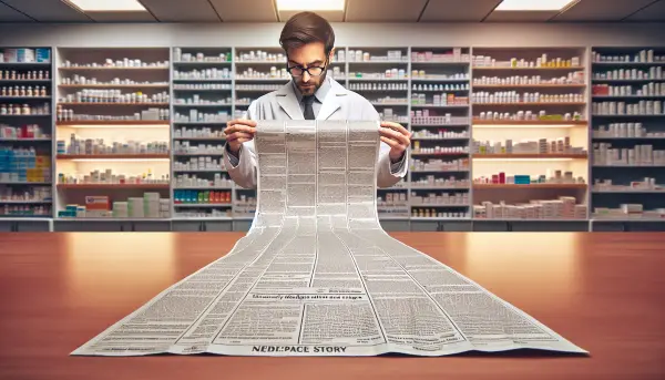 Aufgefalteter meterlanger Beipackzettel mit Nebenwirkungen h&auml;ngt von einem Apothekertisch bis zum Boden