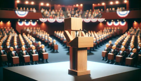 Ein Bauklotz auf einem Podium in einer Parteiversammlung