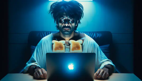 Mann sitzt mit glasigen Augen vor einem Laptop und h&auml;lt zwei Toastscheiben in den H&auml;nden als w&auml;ren sie seine Arme