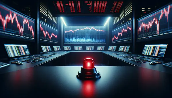 Gro&szlig;er roter Alles-Verkaufen-Knopf auf einem DAX-Handelsschreibtisch an der B&ouml;rse