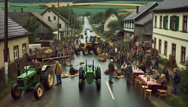 Straßensperre mit Traktoren und Kaffetafeln in einem Dorf