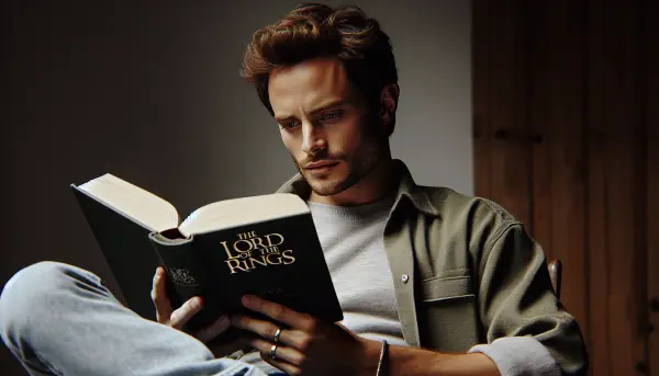 Elijah Wood liest ein Buch, das 'Der Herr der Ringe' sein könnte