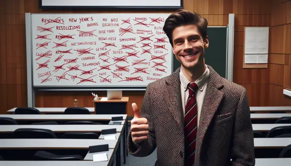 Psychologe sitzt vor einem Whiteboard auf dem durchgestrichene gute Vors&auml;tze stehen und l&auml;chelt zufrieden