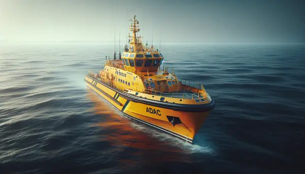 Ein gelbes ADAC-Schiff auf hoher See