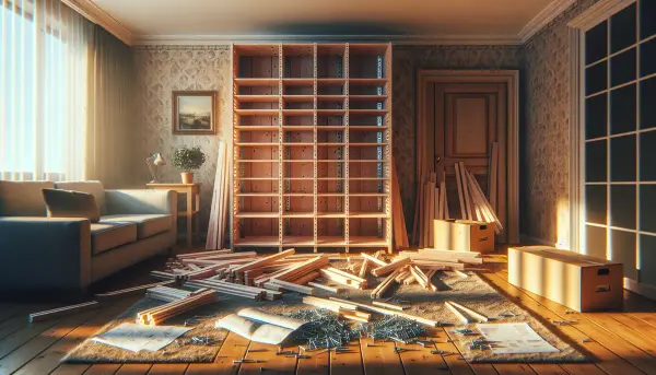 Chaotisch halbaufgebautes IKEA-Regal eines Rentners, umgeben von hunderten Inbusschl&uuml;sseln und Bauanleitungen