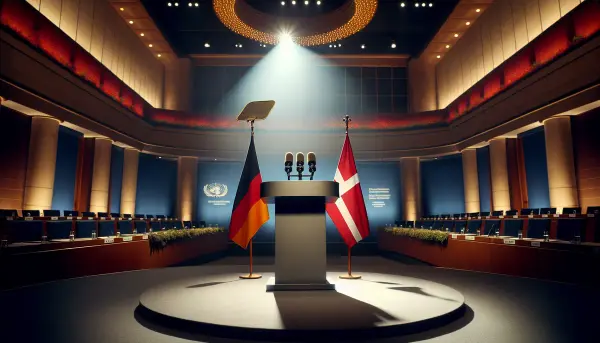 Leeres Rednerpult des Bundeskanzlers beim G7-Gipfel mit verhedderter deutscher und d&auml;nischer Flagge