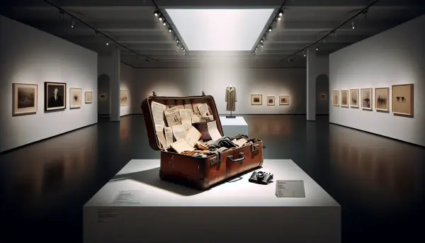 Verlorener Reisekoffer eines Touristen steht als Kunstinstallation auf einem wei&szlig;en Sockel in einer Galerie