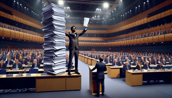 Friedrich Merz pr&auml;sentiert auf der M&uuml;nchner Sicherheitskonferenz einen riesigen Stapel deutscher Formulare als neue Verteidigungsstrategie