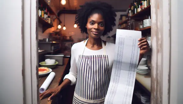 Restaurantbesitzer zeigt eine Gehaltsabrechnung auf der frische Luft und gute Stimmung als Lohnbestandteile aufgef&uuml;hrt sind