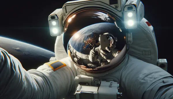 Astronaut bei der Artemis 2 Mission macht ein Selfie.