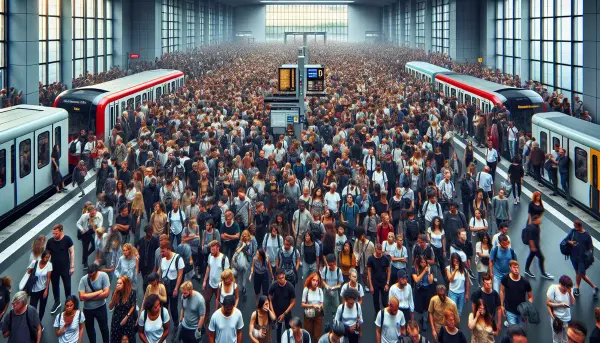 Menschenmassen vor einer stillstehenden Berliner S-Bahn während eines Streiks
