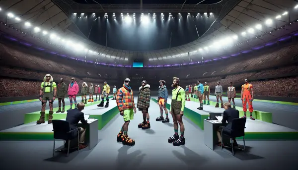 Deutsche Olympia-Athleten posieren in absurd h&auml;sslichen Outfits auf einem Laufsteg im Olympiastadion