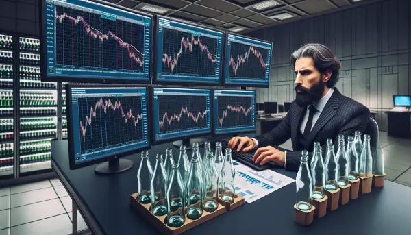 Banker im Nadelstreifenanzug analysiert Pfandflaschen-Charts auf mehreren Monitoren in einem Handelsraum