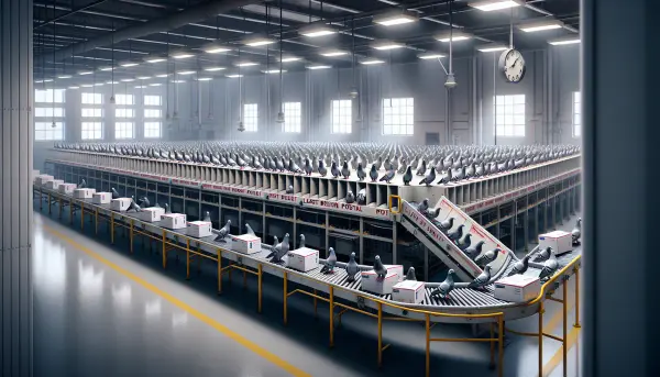 Brieftauben der Deutschen Post sitzen aufgereiht auf einem Sortierband im modernen Postzentrum