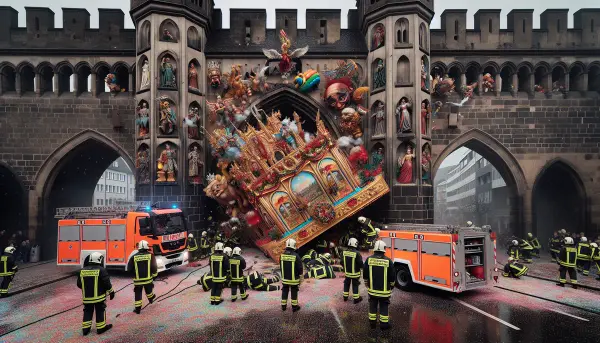 Riesiger bunter Karnevalswagen steckt festgeklemmt in einem mittelalterlichen Stadttor in K&ouml;ln