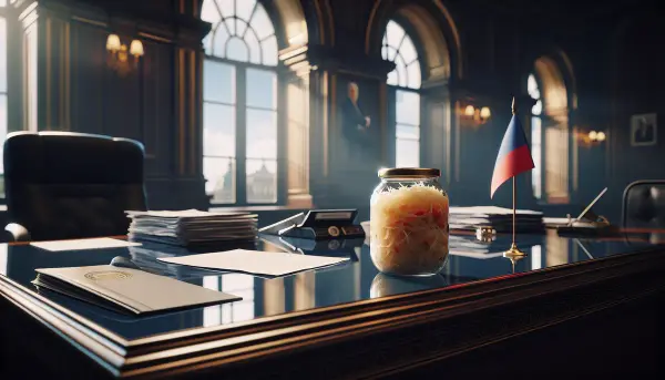 Glas Sauerkraut steht feierlich auf einem Regierungsschreibtisch im Bundestag neben amtlichen Dokumenten zur Sauerkraut-Pflicht