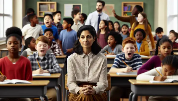 Lehrer im Klassenzimmer mit entspanntem Gesichtsausdruck