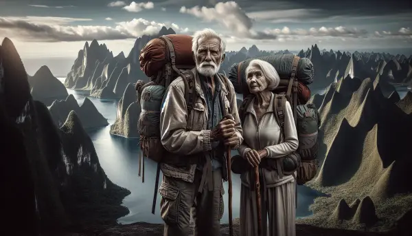 Ein &auml;lteres Paar mit Rucks&auml;cken und Wanderst&ouml;cken vor exotischer Kulisse