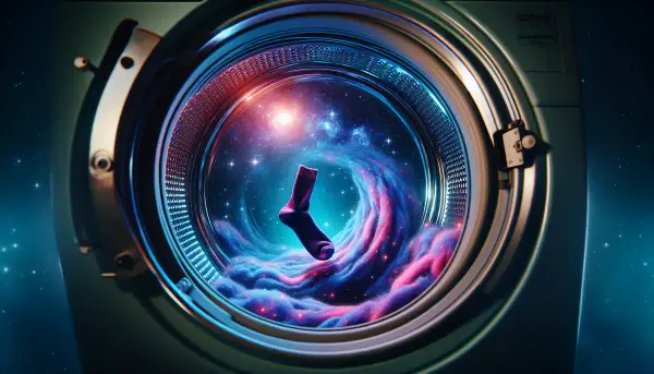 Einzelne bunte Socke schwebt in einem kosmischen Strudel in einer ge&ouml;ffneten Waschmaschine ins Paralleluniversum