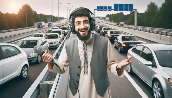 Moderator mit Mikrofon und Kopfh&ouml;rern steht zwischen stehenden Autos auf der Autobahn und unterhält die Insassen