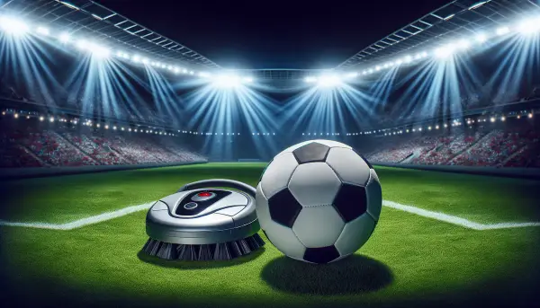 Staubsauger-Roboter der Nationalmannschaft auf gr&uuml;nem Fu&szlig;ballrasen neben einem Ball im Stadion
