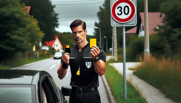 Schiedsrichter mit gelber und roter Karte steht an einer Tempo-30-Zone und zeigt einem Autofahrer die gelbe Karte