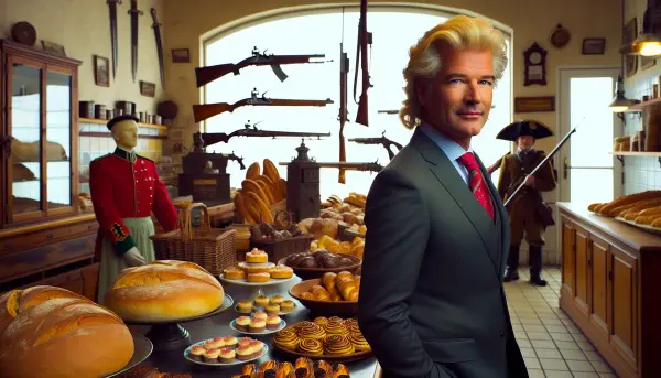 Donald Trump steht in einer deutschen Bäckerei mit Waffenplänen