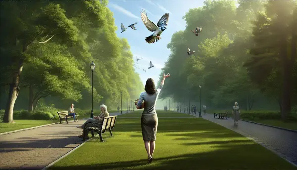 Ein Vogel, der vor einer Frau flieht