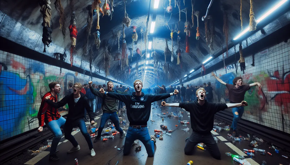 Feiernde Fußballfans in einem U-Bahn-Tunnel