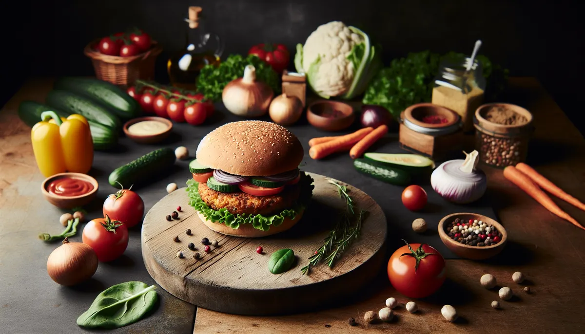 Ein Veggieburger auf einem Holzbrett mit Zutaten im Hintergrund