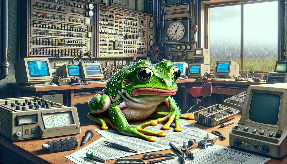 Ein überforderter Wetterfrosch in einem Glas mit Wettervorhersage-Equipment